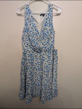Chaps White and Blue Floral Midi Faux Wrap Dress Size 8